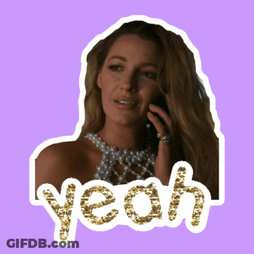 A Sticker Of A Woman Talking On A Cell Phone With The Word Yeah Written In Gold Glitter GIF