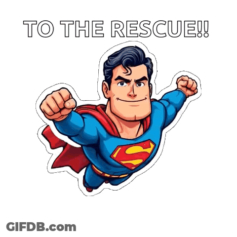 A Sticker Of Superman Flying With The Words To The Rescue Written Below Him GIF