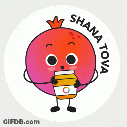 A Sticker That Says Shana Tova With A Pomegranate Holding A Jar GIF