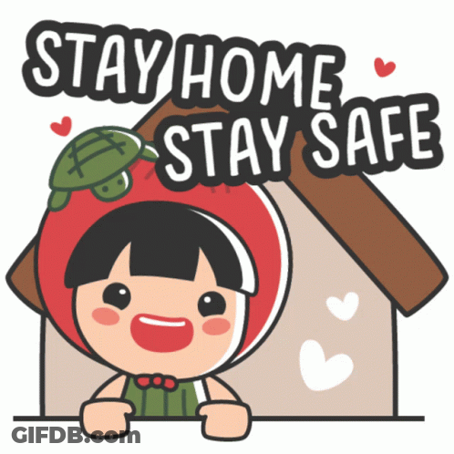 A Sticker That Says Stay Home Stay Safe With A Girl In An Apple Hat GIF