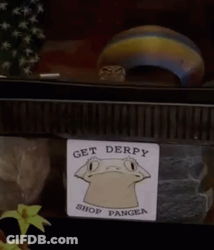 A Sticker With A Lizard On It That Says `` Get Derpy Shop Pangea '' . GIF