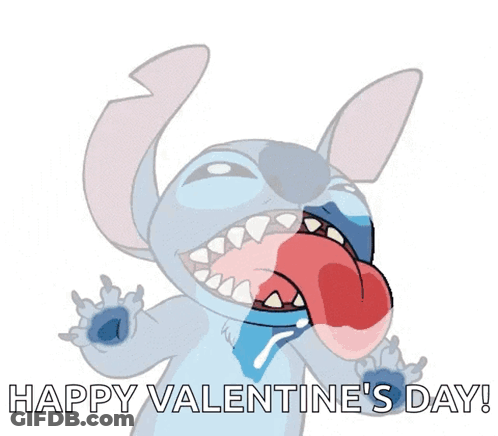 A Stitch Cartoon Says Happy Valentine 'S Day With His Tongue Out GIF