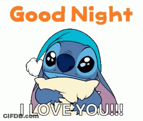 A Stitch Holding A Pillow With The Words Good Night I Love You GIF
