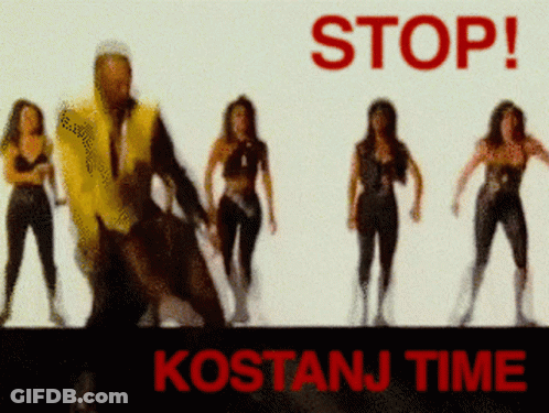 A Stop Kostanj Time Poster With A Man In A Yellow Vest Dancing GIF