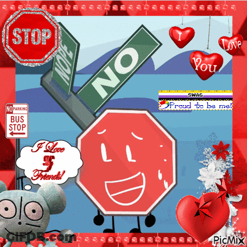 A Stop Sign Is Surrounded By A No Parking Sign And A No Bus Stop Sign GIF