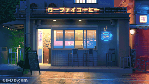 A Store Front With A Neon Sign That Says Loft GIF