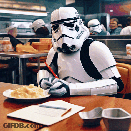 A Storm Trooper Is Sitting At A Table With A Plate Of Macaroni And Cheese GIF