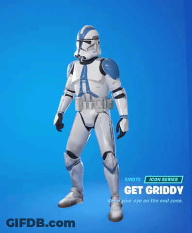 A Storm Trooper Is Standing On A Blue Background With The Text Get Griddy GIF