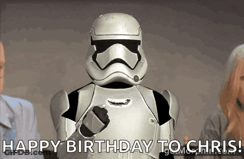 A Storm Trooper Says " Happy Birthday To Chris " In Front Of People GIF