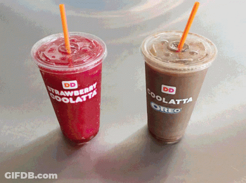 A Strawberry Coolatta And An Oreo Coolatta Sit On A Table GIF