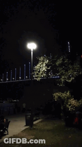 A Street Light Is Lit Up At Night With A Few People Sitting On Benches In The Background GIF