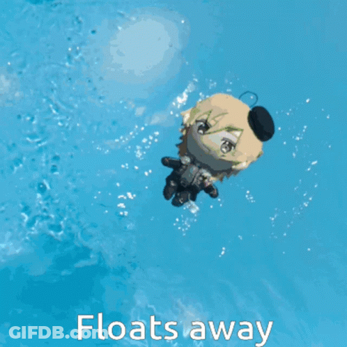 A Stuffed Animal Floats In A Pool With The Words Floats Away Below It GIF