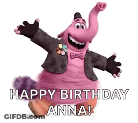 A Stuffed Animal From Inside Out Is Holding Out His Arms And Saying `` Happy Birthday Anna '' . GIF