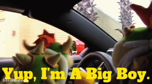 A Stuffed Animal In A Car With The Words Yup I 'M A Big Boy GIF