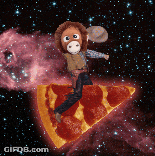 A Stuffed Animal In A Cowboy Outfit Is Riding On A Slice Of Pepperoni Pizza GIF