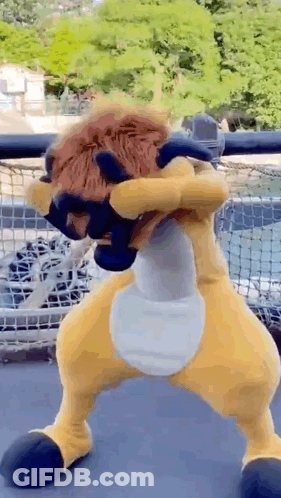 A Stuffed Animal In A Lion Costume Is Standing On A Balcony . GIF
