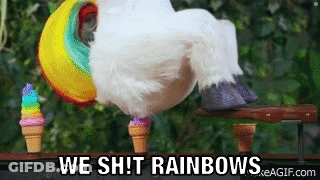 A Stuffed Animal In A Unicorn Costume Is Standing Next To Ice Cream Cones And Says `` We Shit Rainbows '' . GIF