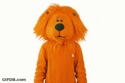 A Stuffed Animal In An Orange Lion Costume With The Word Nl On The Back GIF