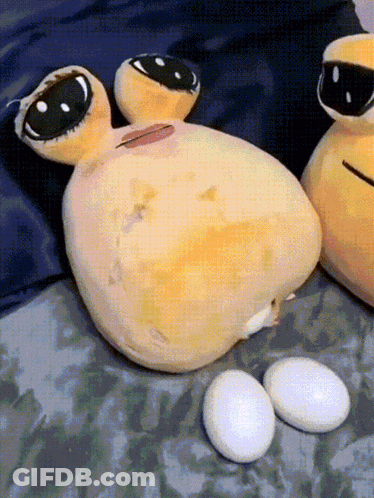 A Stuffed Animal Is Laying On A Bed Next To A Pair Of Eggs GIF