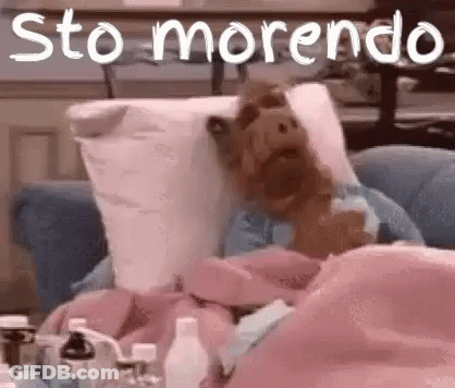 A Stuffed Animal Is Laying On A Couch With A Pillow And A Blanket . GIF