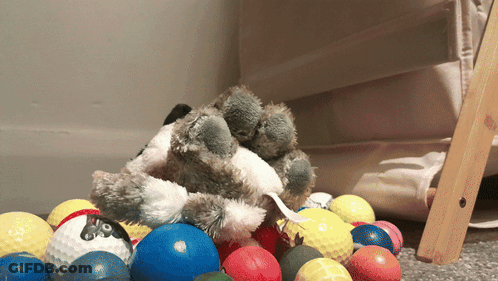 A Stuffed Animal Is Laying On Top Of A Pile Of Golf Balls One Of Which Has A S On It GIF