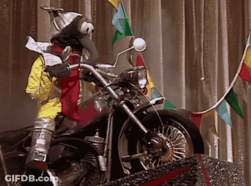 A Stuffed Animal Is Riding A Motorcycle With Flags Behind It GIF