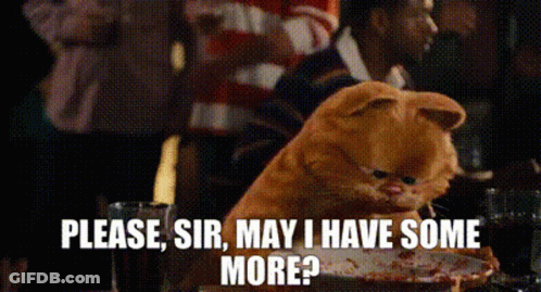 A Stuffed Animal Is Sitting At A Table With A Plate Of Food And Says Please Sir May I Have Some More . GIF
