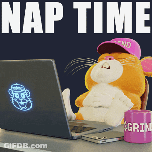 A Stuffed Animal Is Sitting In Front Of A Laptop With The Words Nap Time Written Above It GIF
