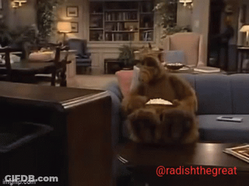 A Stuffed Animal Is Sitting On A Couch Eating Popcorn With The Words @Radishthegreat Below It GIF