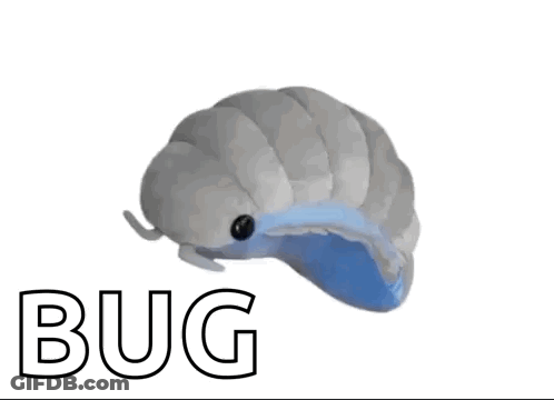 A Stuffed Animal Is Sitting On A White Surface With The Word Bug Written Above It . GIF
