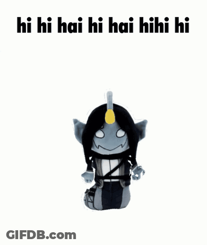 A Stuffed Animal Is Sitting On A White Surface With The Words Hi Hi Hai Hi Hai Hihihi Hi Written On It . GIF