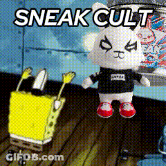 A Stuffed Animal Is Sitting On A Wooden Floor Next To A Yellow Spongebob . GIF