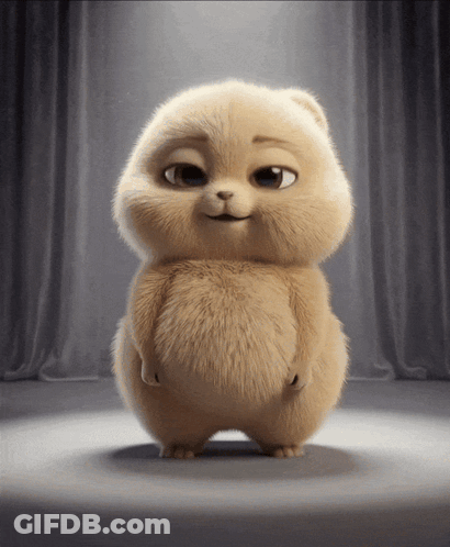A Stuffed Animal Is Standing In Front Of A Grey Curtain GIF