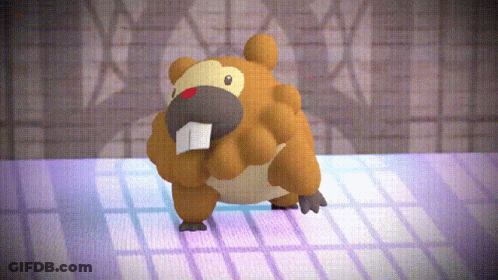 A Stuffed Animal Is Standing On A Purple Tile Floor GIF