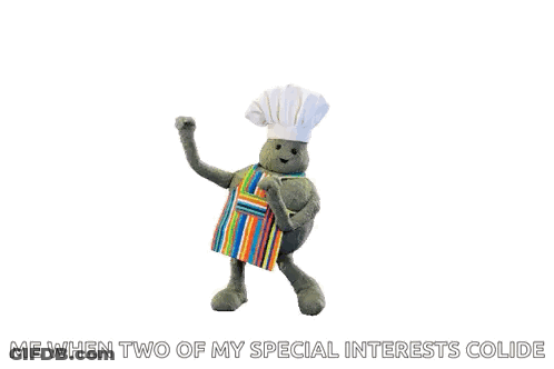 A Stuffed Animal Is Wearing A Chef 'S Hat And Apron And Says Me When Two Of My Special Interests Collide GIF