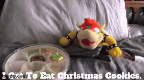 A Stuffed Animal Laying On A Bed Next To A Tray Of Christmas Cookies GIF