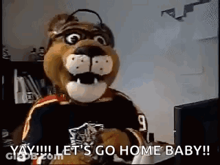 A Stuffed Animal Mascot Is Sitting In Front Of A Computer And Says `` Let 'S Go Home Baby '' . GIF