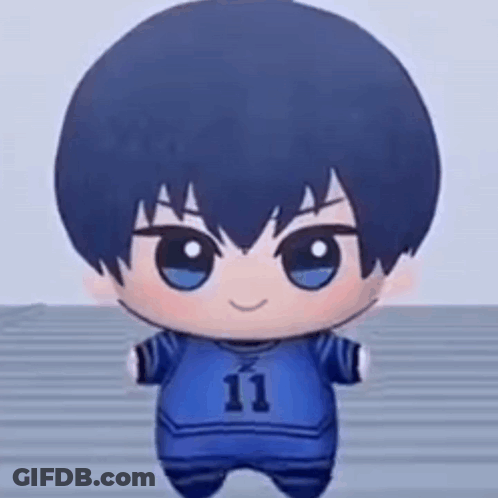 A Stuffed Animal Of A Boy With Blue Hair And A Blue Shirt With The Number 11 On It . GIF