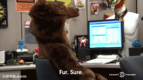 A Stuffed Animal Says Fur Sure In Front Of A Computer Screen GIF