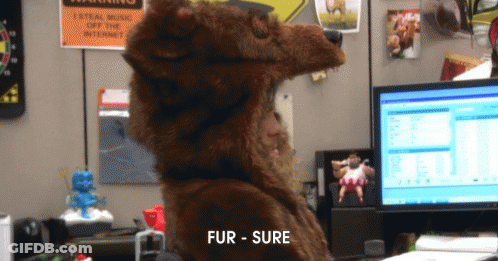 A Stuffed Animal Wearing A Bear Costume Says Fur Sure GIF