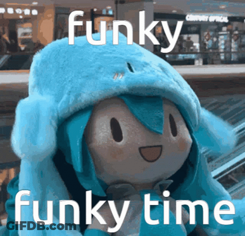 A Stuffed Animal Wearing A Blue Hat That Says Funky Time GIF