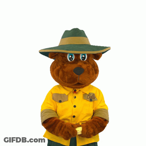 A Stuffed Animal Wearing A Green Hat And A Yellow Shirt That Says Bello On It GIF