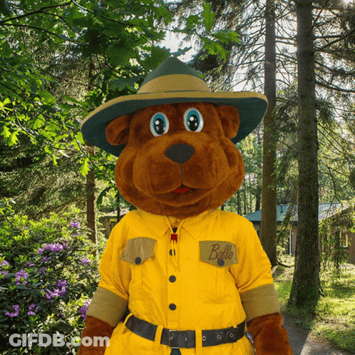 A Stuffed Animal Wearing A Hat And A Yellow Shirt That Says Bello GIF