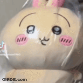 A Stuffed Animal With A Bunny Face And Pink Cheeks Is Sitting In A Plastic Bag . GIF