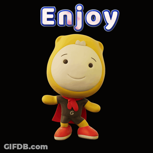 A Stuffed Animal With A Cape And The Word Enjoy Above It GIF