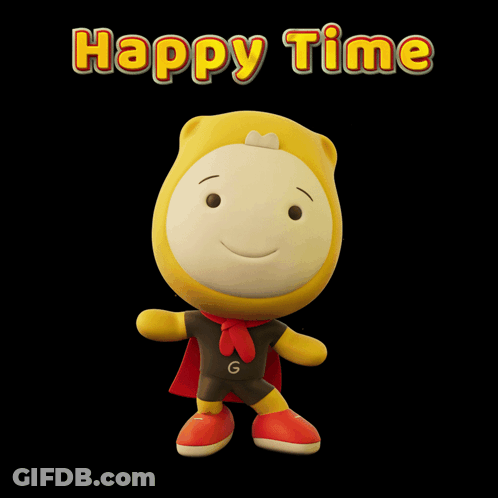 A Stuffed Animal With A Cape And The Words Happy Time Behind It GIF