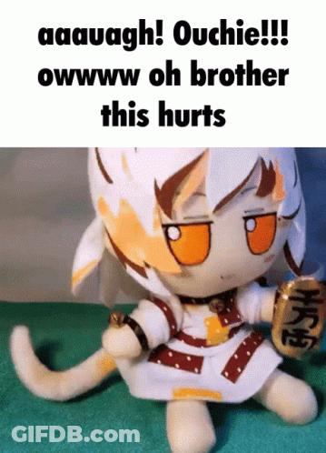 A Stuffed Animal With A Caption That Says " Ouchie " GIF
