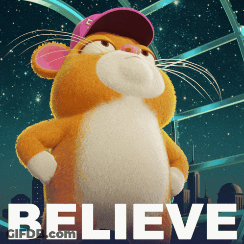A Stuffed Animal With A Pink Hat And The Word Believe Behind It GIF