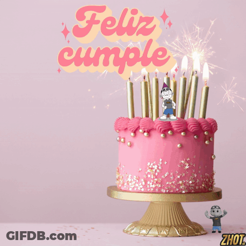 A Stuffed Animal With A Shirt That Says Zhot Stands Next To A Pink Cake GIF