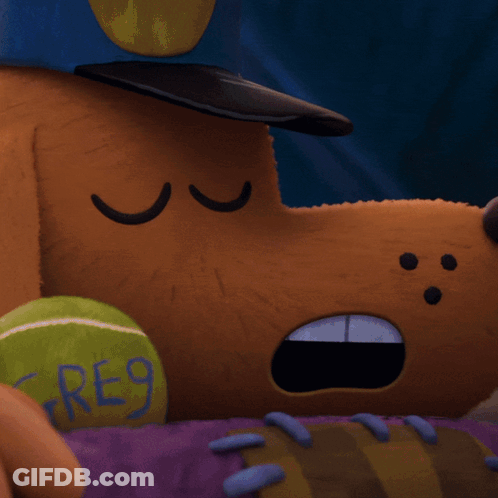 A Stuffed Animal With A Tennis Ball That Says Reg GIF